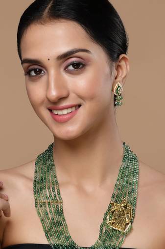 Green & cream drop earring with kundan &  pearls