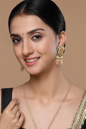 Peach & pink drop earring with pearls &  natural stones