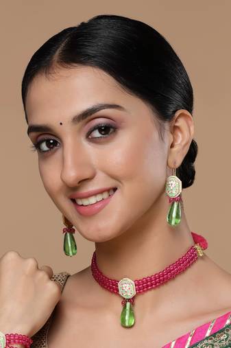 Green & pink drop earring with kundan &  pearls