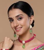 Green & pink drop earring with kundan &  pearls