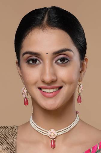 Pink & gold drop earring with kundan &  pearls