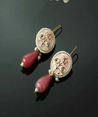 Pink & gold drop earring with kundan &  pearls 2