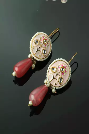 Pink & gold drop earring with kundan &  pearls