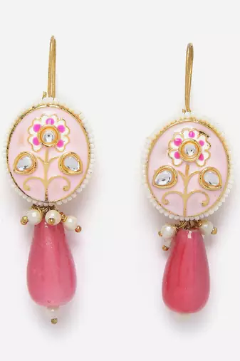 Pink & gold drop earring with kundan &  pearls