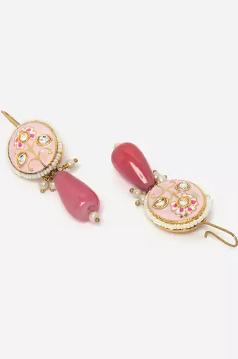 Pink & gold drop earring with kundan &  pearls