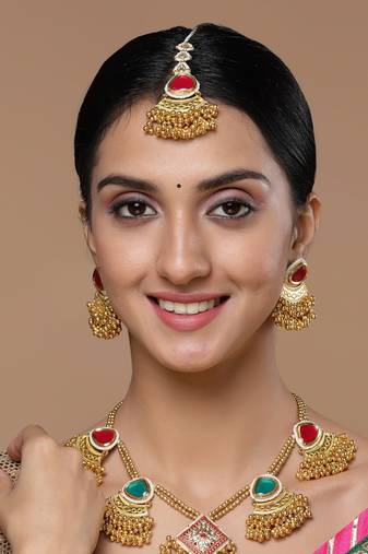 Red & gold drop earring with kundan &  pearls
