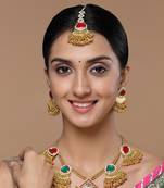 Red & gold drop earring with kundan &  pearls
