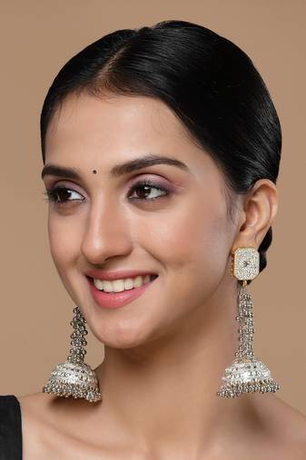 Silver & gold jhumkas earring with american diamonds &  pearls