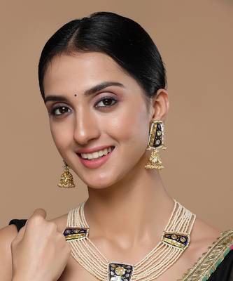 Blue & yellow jhumkas earring with kundan &  pearls 1