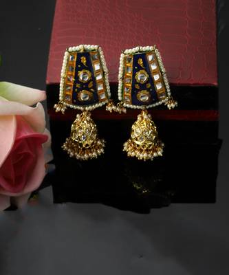 Blue & yellow jhumkas earring with kundan &  pearls 2