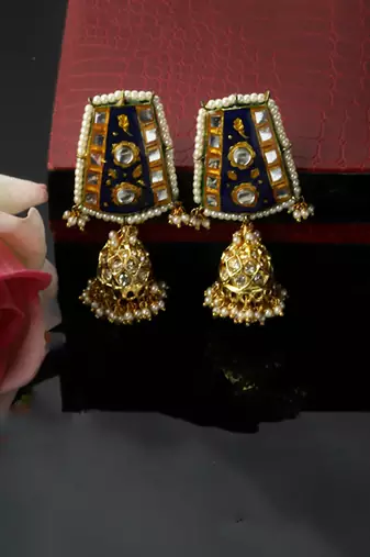 Blue & yellow jhumkas earring with kundan &  pearls