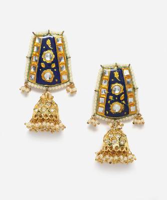 Blue & yellow jhumkas earring with kundan &  pearls 3
