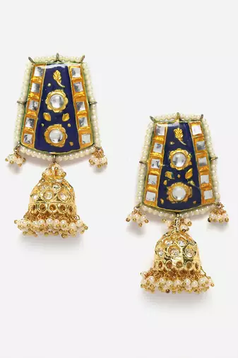 Blue & yellow jhumkas earring with kundan &  pearls