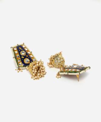 Blue & yellow jhumkas earring with kundan &  pearls 4