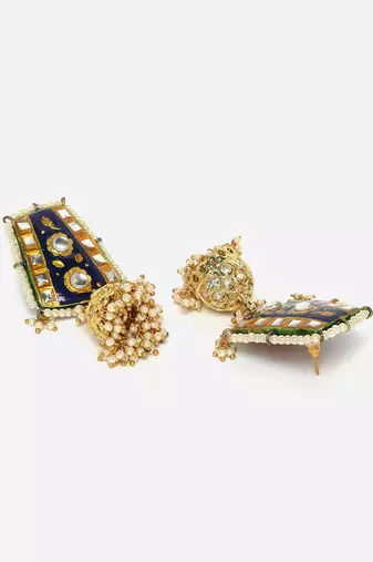 Blue & yellow jhumkas earring with kundan &  pearls