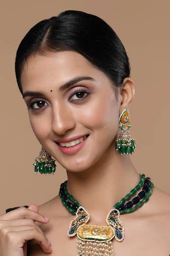Yellow & green jhumkas earring with kundan &  pearls