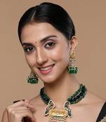 Yellow & green jhumkas earring with kundan &  pearls