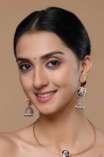 Blue & pink jhumkas earring with kundan &  pearls