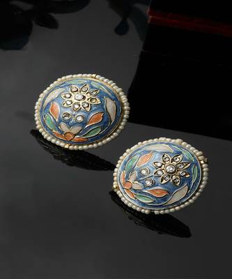 Blue & pink stud earring with american diamonds &  pearls 2