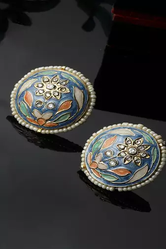 Blue & pink stud earring with american diamonds &  pearls