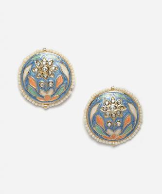 Blue & pink stud earring with american diamonds &  pearls 3