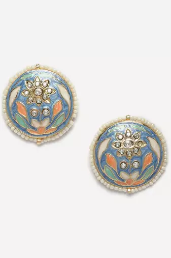 Blue & pink stud earring with american diamonds &  pearls