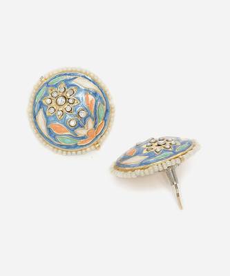 Blue & pink stud earring with american diamonds &  pearls 4