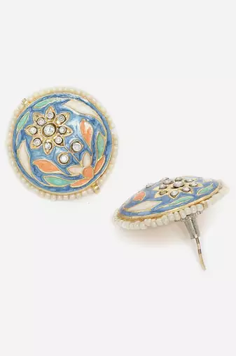 Blue & pink stud earring with american diamonds &  pearls