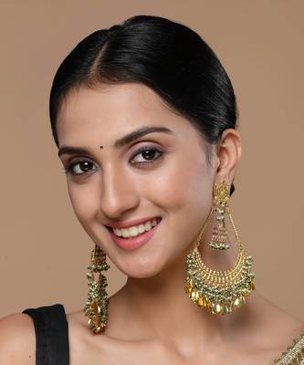 Gold & green chand bala earring with pearls &  natural stones 1