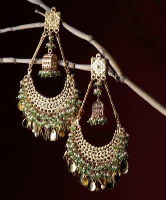 Gold & green chand bala earring with pearls &  natural stones 2
