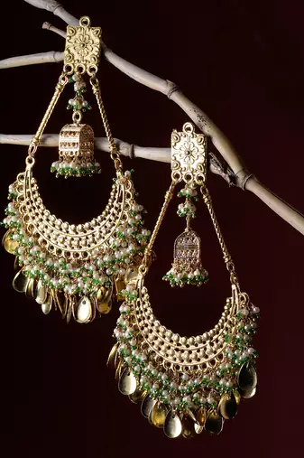 Gold & green chand bala earring with pearls &  natural stones