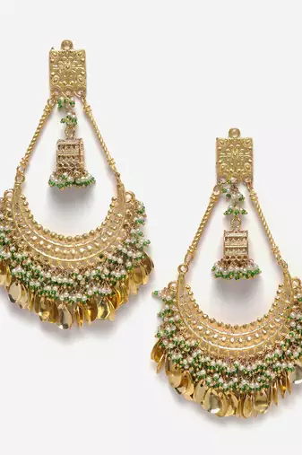 Gold & green chand bala earring with pearls &  natural stones