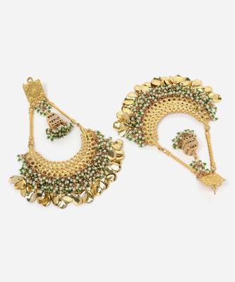 Gold & green chand bala earring with pearls &  natural stones 4