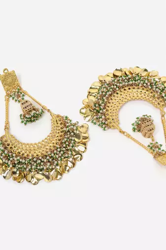 Gold & green chand bala earring with pearls &  natural stones