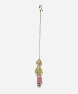Green & pink adjustable head jewellery with kundan &  pearls 3