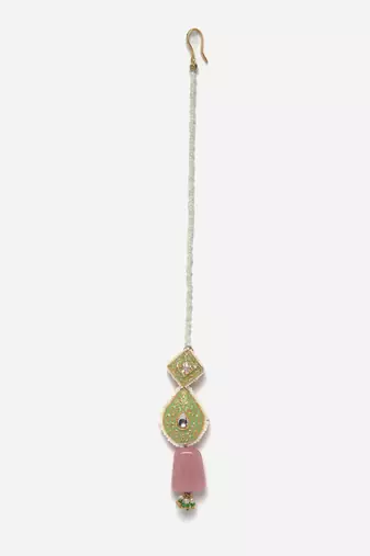 Green & pink adjustable head jewellery with kundan &  pearls