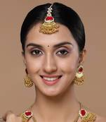 Red & gold adjustable head jewellery with kundan &  pearls