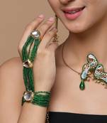 Green & gold adjustable hathphool with kundan &  pearls