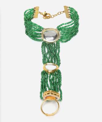Green & gold adjustable hathphool with kundan &  pearls 4
