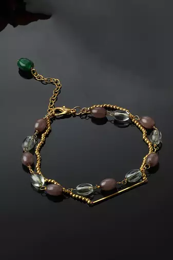 Brown & gold adjustable bracelet with pearls &  natural stones