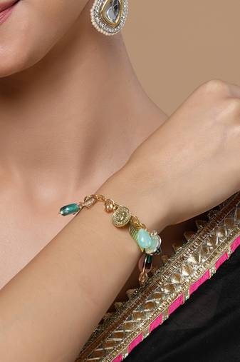 Green & pink adjustable bracelet with pearls &  natural stones