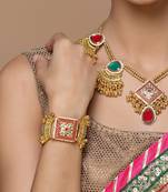 Red & gold adjustable bracelet with pearls &  natural stones