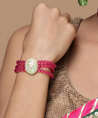 Pink & green adjustable bracelet with pearls &  natural stones 1