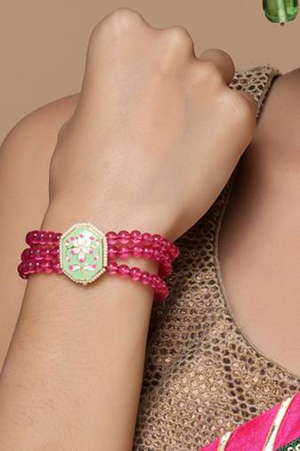 Pink & green adjustable bracelet with pearls &  natural stones