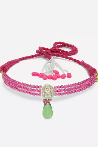 Pink & green adjustable bracelet with pearls &  natural stones