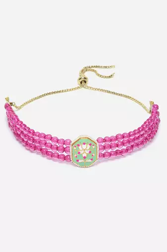 Pink & green adjustable bracelet with pearls &  natural stones
