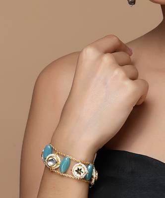 Blue & gold adjustable bracelet with kundan &  pearls 1