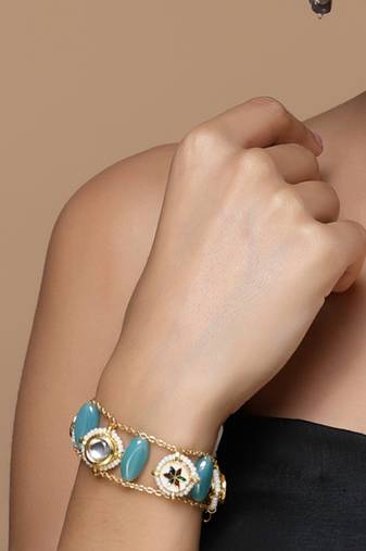Blue & gold adjustable bracelet with kundan &  pearls