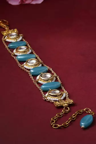 Blue & gold adjustable bracelet with kundan &  pearls