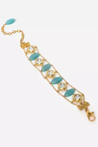 Blue & gold adjustable bracelet with kundan &  pearls